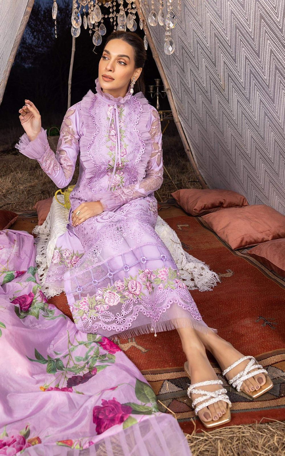 Lavender Chikankari Embroidered 3-Piece Suit