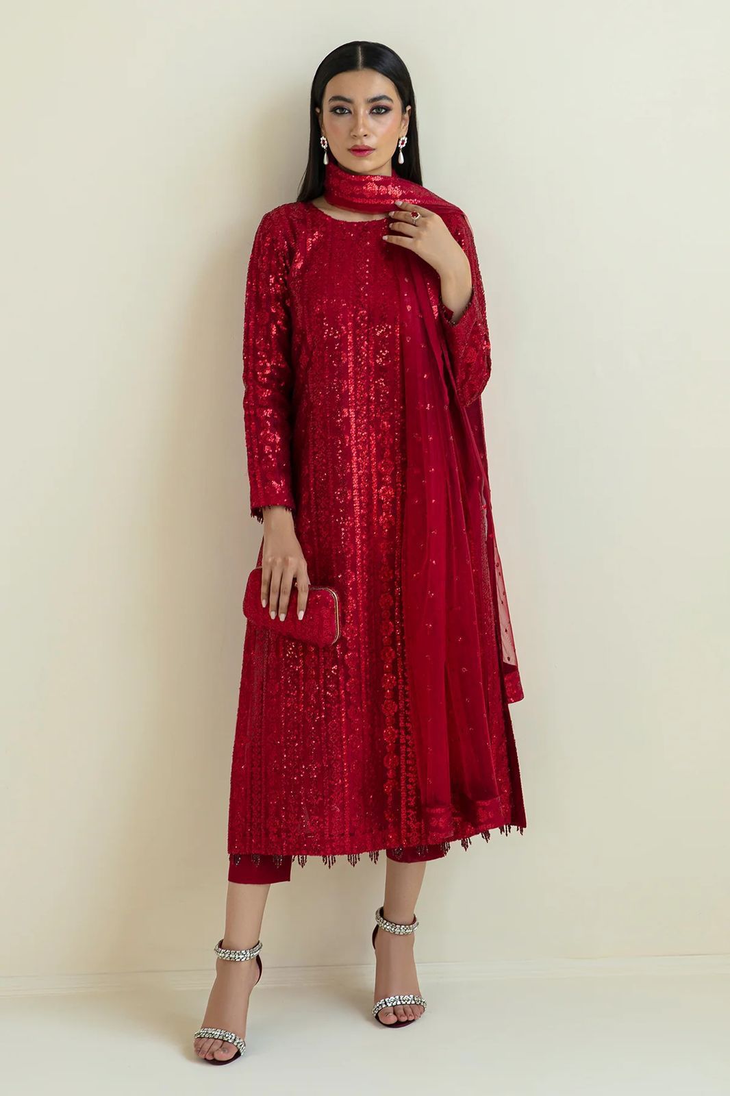Baroque Semi-Pure Chiffon – Crimson Red Sequins Work Ensemble