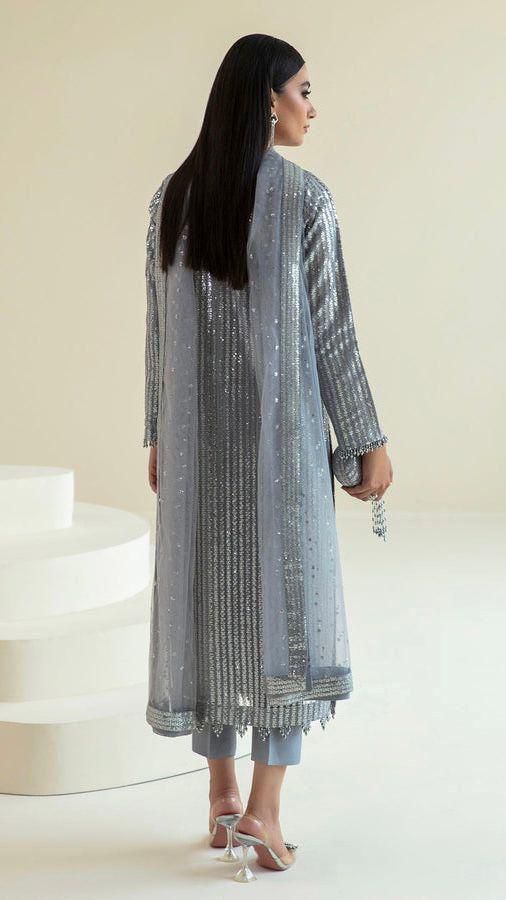 Baroque Semi-Pure Chiffon Silver Grey Sequins Work Ensemble