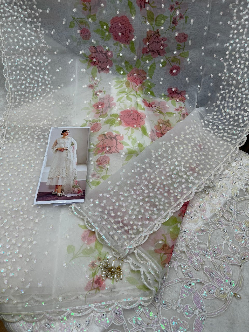 WHITE ORGANZA EMBROIDERED 3-PIECE SUIT WITH CUTWORK BORDERS