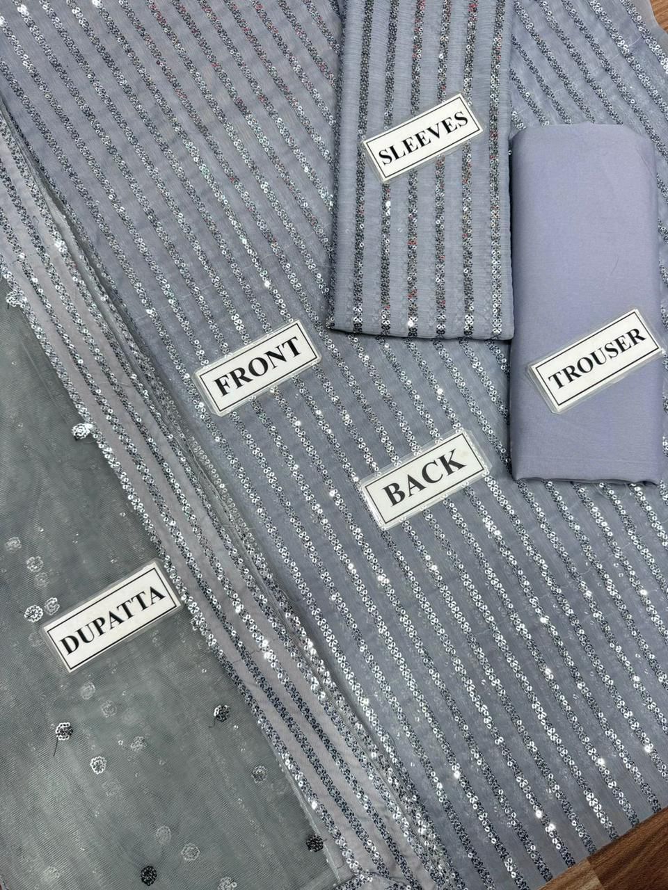 Baroque Semi-Pure Chiffon Silver Grey Sequins Work Ensemble