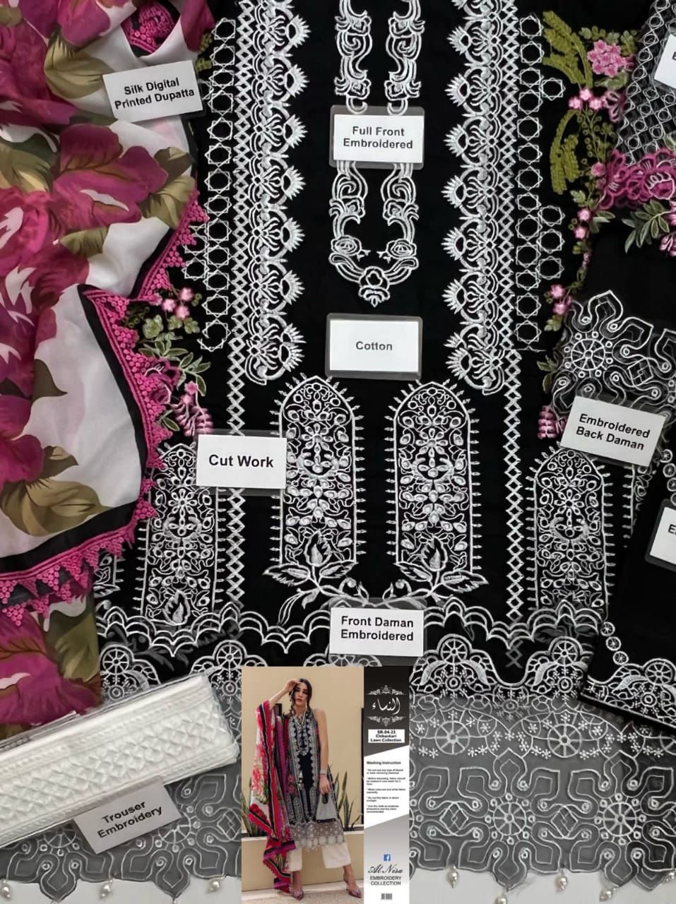 3-piece embroidered black