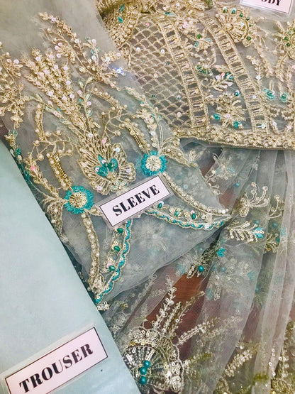 Luxury Net Frock with Satin Silk Trouser Blue