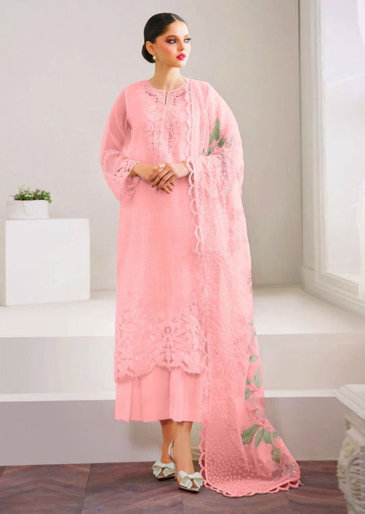ORGANZA EMBROIDERED 3-PIECE SUIT WITH CUTWORK BORDERS PINK