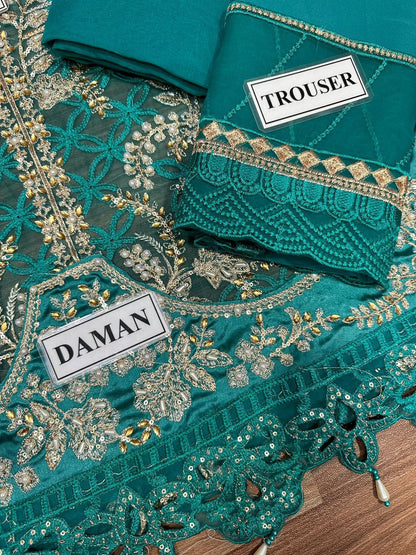 Teal Organza Embroidered Wedding 3PC Suit with Stone & Cutwork Detailing