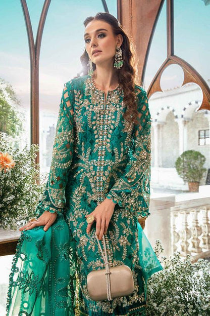 Teal Organza Embroidered Wedding 3PC Suit with Stone & Cutwork Detailing