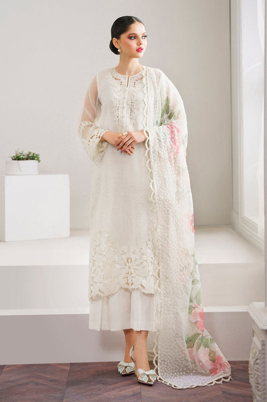 WHITE ORGANZA EMBROIDERED 3-PIECE SUIT WITH CUTWORK BORDERS
