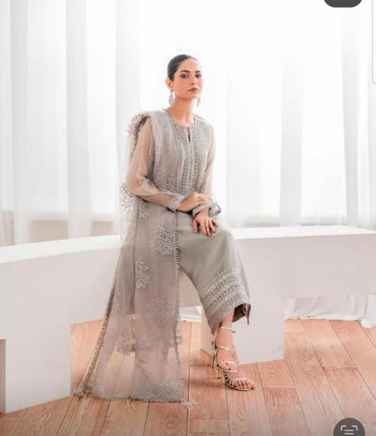 CHIFFON KHAKI EMBROIDERED 3-PIECE SUIT