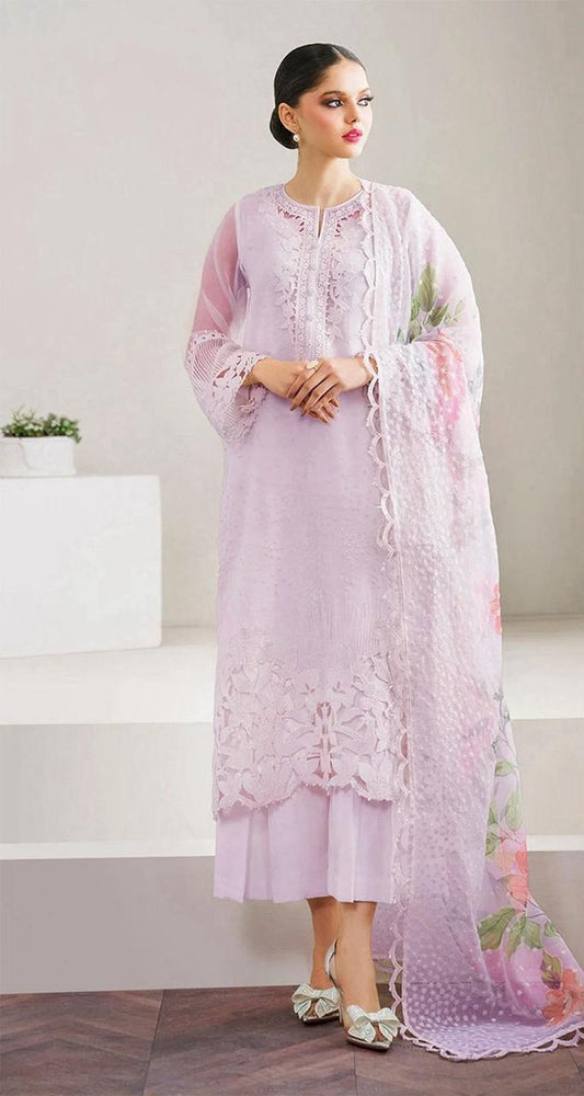 ORGANZA EMBROIDERED 3-PIECE SUIT WITH CUTWORK BORDERS lavender