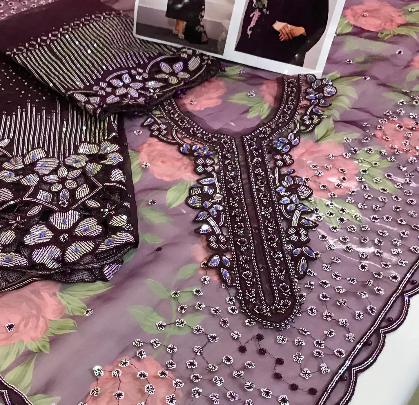 ORGANZA EMBROIDERED 3-PIECE SUIT WITH CUTWORK BORDERS