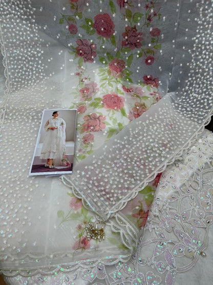 WHITE ORGANZA EMBROIDERED 3-PIECE SUIT WITH CUTWORK BORDERS