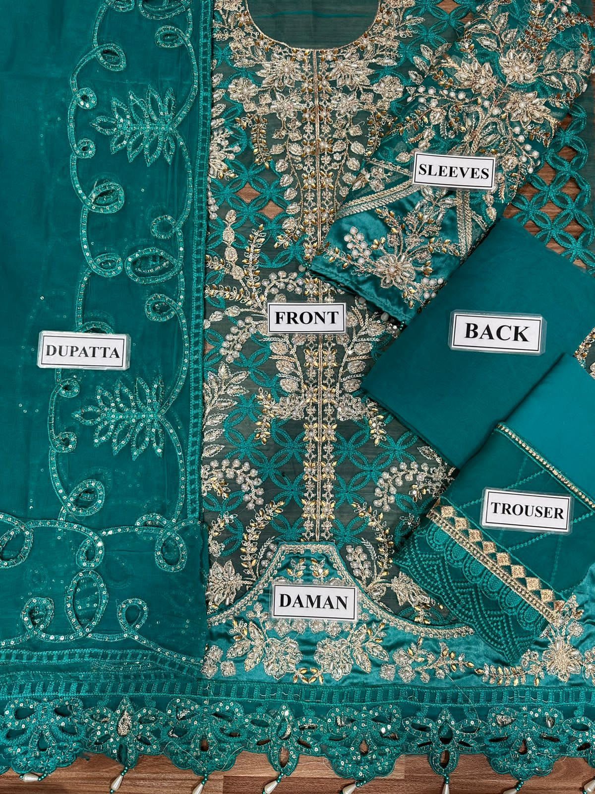 Teal Organza Embroidered Wedding 3PC Suit with Stone & Cutwork Detailing