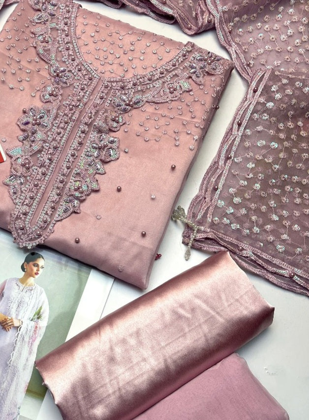 ORGANZA EMBROIDERED 3-PIECE SUIT WITH CUTWORK BORDERS lavender