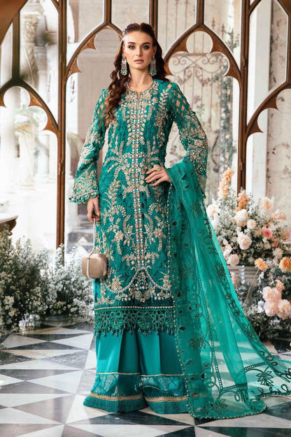 Teal Organza Embroidered Wedding 3PC Suit with Stone & Cutwork Detailing