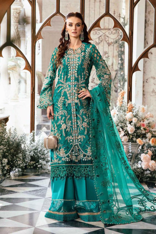 Teal Organza Embroidered Wedding 3PC Suit with Stone & Cutwork Detailing