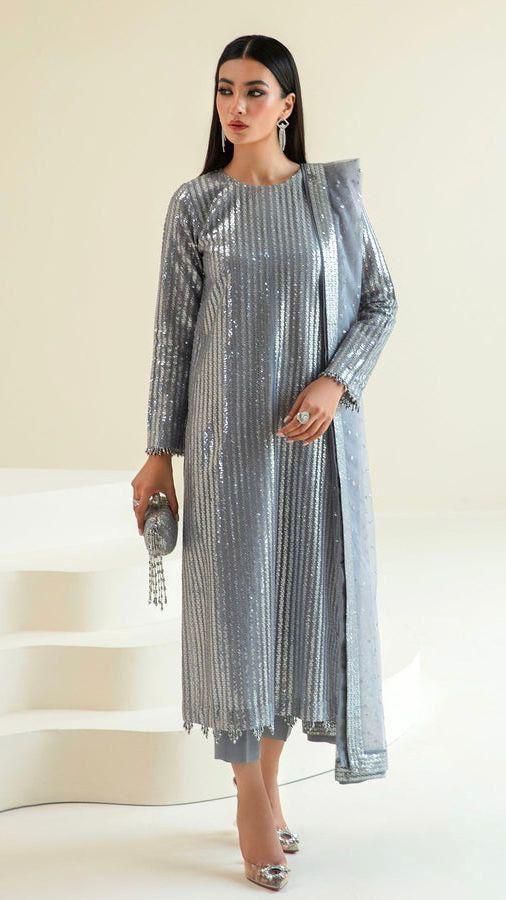 Baroque Semi-Pure Chiffon Silver Grey Sequins Work Ensemble