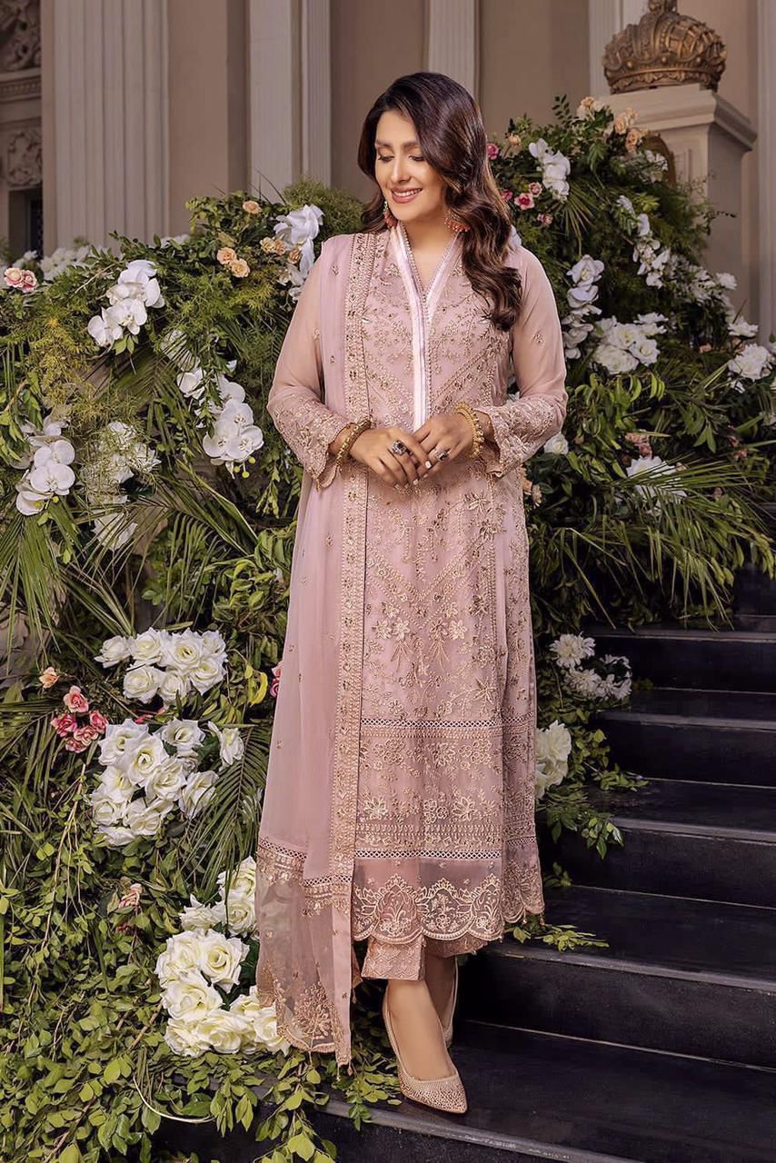Chiffon Embroidered Luxury Unstitched 3PC Suit with Zari & Daman Patch