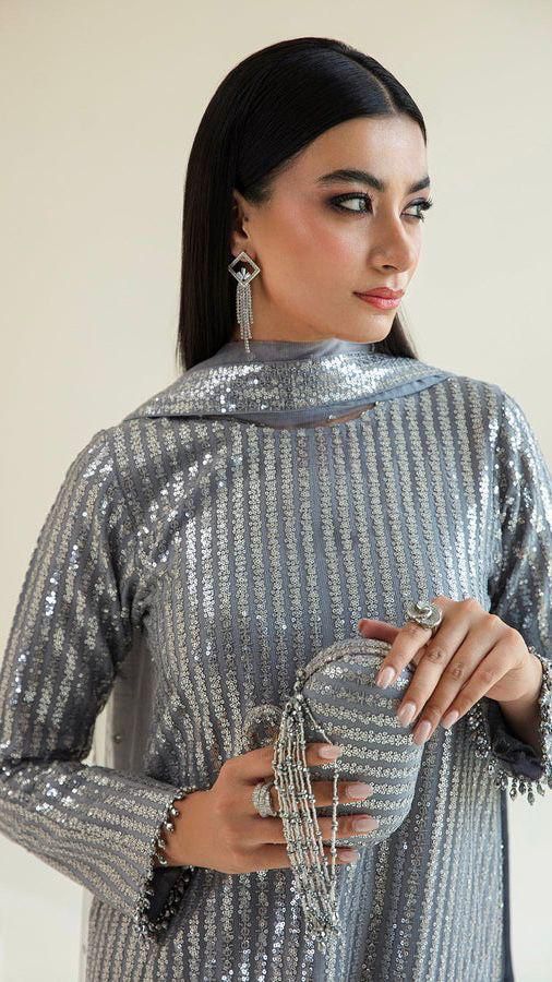 Baroque Semi-Pure Chiffon Silver Grey Sequins Work Ensemble