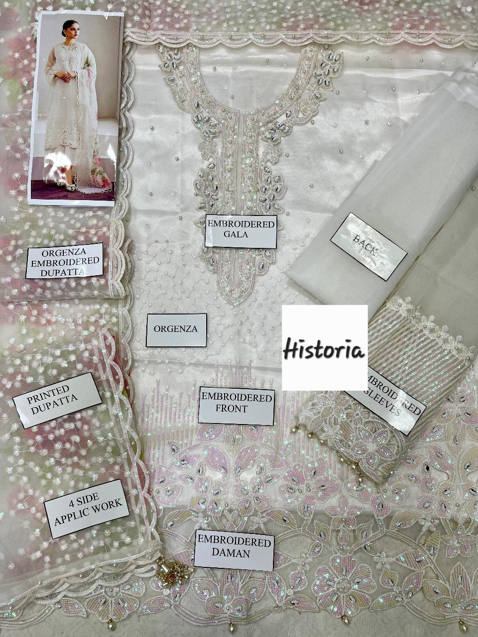 WHITE ORGANZA EMBROIDERED 3-PIECE SUIT WITH CUTWORK BORDERS