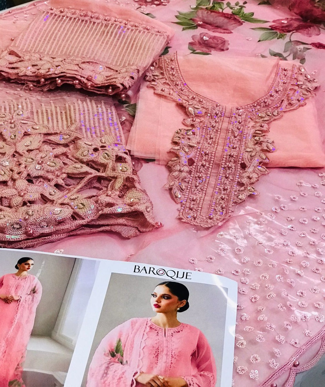 ORGANZA EMBROIDERED 3-PIECE SUIT WITH CUTWORK BORDERS PINK