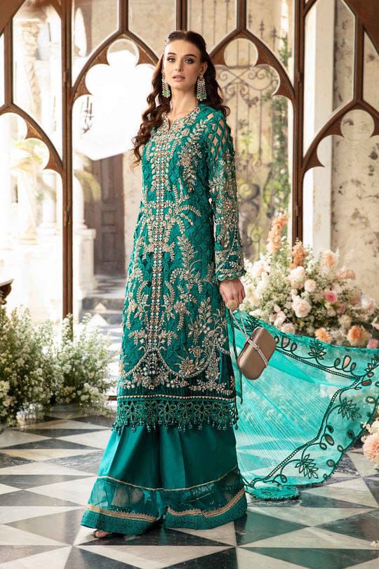 Teal Organza Embroidered Wedding 3PC Suit with Stone & Cutwork Detailing