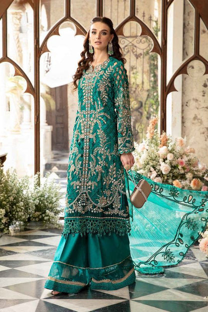 Teal Organza Embroidered Wedding 3PC Suit with Stone & Cutwork Detailing