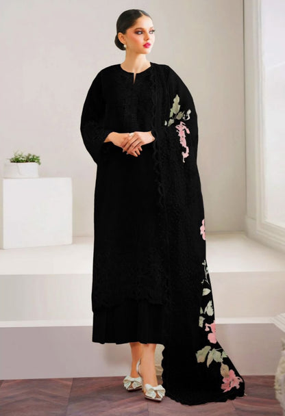 BLACK ORGANZA EMBROIDERED 3-PIECE SUIT WITH CUTWORK BORDERS