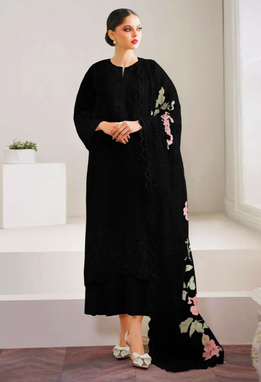 BLACK ORGANZA EMBROIDERED 3-PIECE SUIT WITH CUTWORK BORDERS