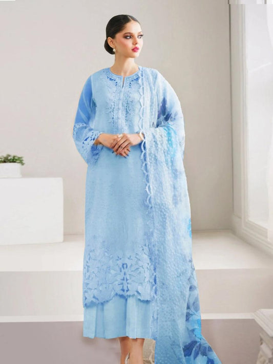 ORGANZA EMBROIDERED 3-PIECE SUIT WITH CUTWORK BORDERS BLUE