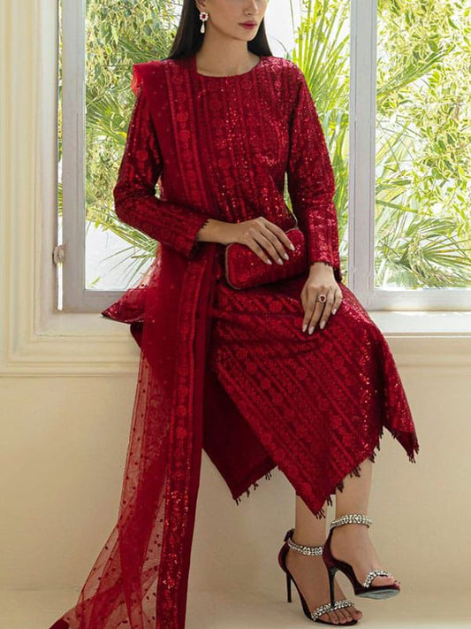 Baroque Semi-Pure Chiffon  – Crimson Red Sequins Work Ensemble