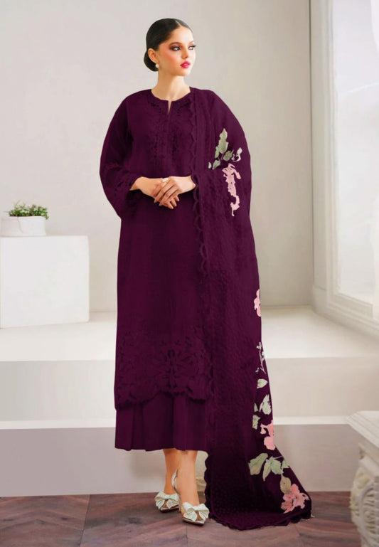 ORGANZA EMBROIDERED 3-PIECE SUIT WITH CUTWORK BORDERS