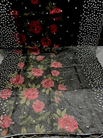 BLACK ORGANZA EMBROIDERED 3-PIECE SUIT WITH CUTWORK BORDERS