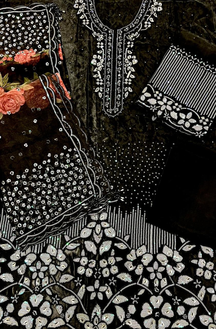 BLACK ORGANZA EMBROIDERED 3-PIECE SUIT WITH CUTWORK BORDERS