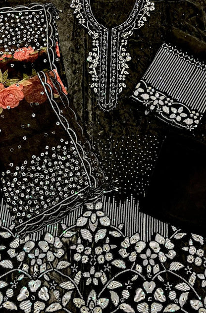 BLACK ORGANZA EMBROIDERED 3-PIECE SUIT WITH CUTWORK BORDERS