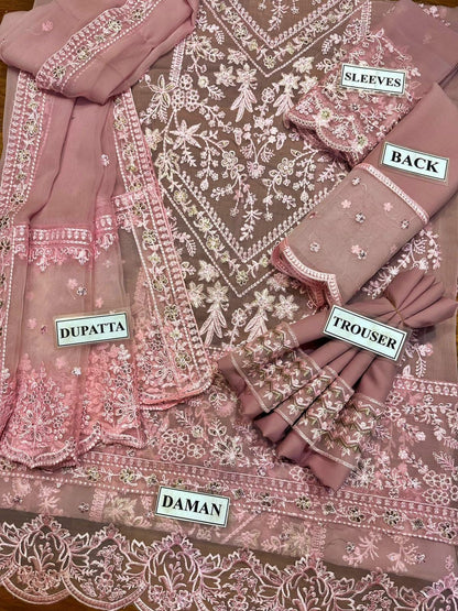Chiffon Embroidered Luxury Unstitched 3PC Suit with Zari & Daman Patch